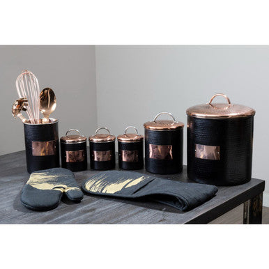 Black Tea Canister with Embossed Metallic Label Plate