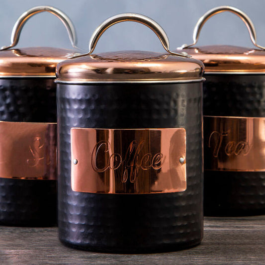 Black Tea Canister with Embossed Metallic Label Plate