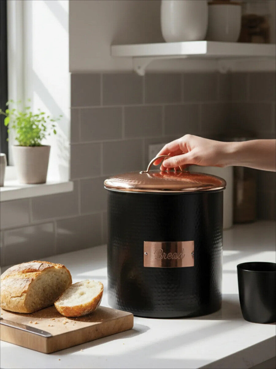 Black Bread Bin with Metallic Embossed Plate