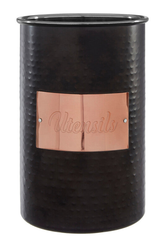 Black Utensil Holder with Metallic Label Plate