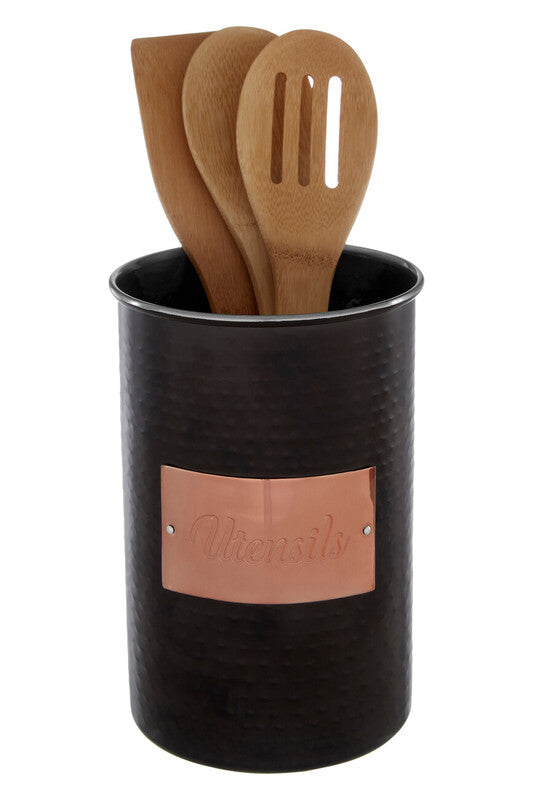Black Utensil Holder with Metallic Label Plate