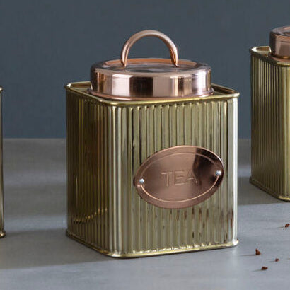 Square Ribbed Gold Tone Tea Canister