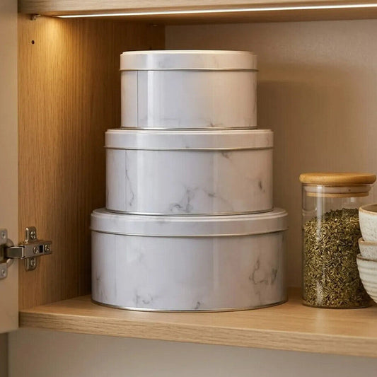 Set of Three White Marble Effect Storage Tins