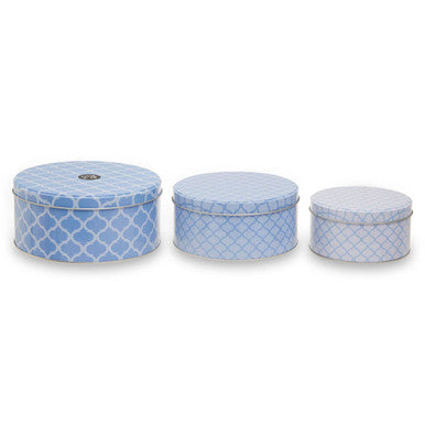 Set of Three Blue and White Geometric Storage Tins