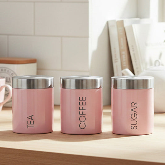 Light Pink Enamel Canisters with Silver Lettering