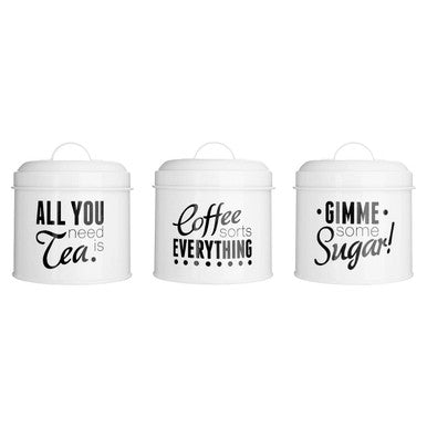 Set of 3 Round White Canisters with Black Wording