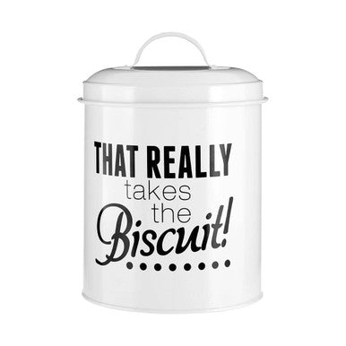 White Biscuit Canister with Black Typography