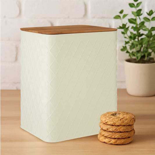 Cream Rectangular Storage Canister with Bamboo Lid