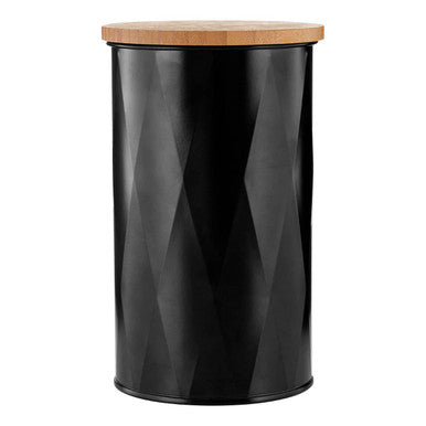 Black Metal Medium Round Lattice Storage Canister with Bamboo Lid