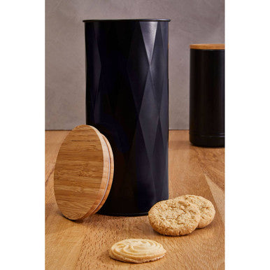 Black Large Storage Canister with Bamboo Lid and Lattice Pattern