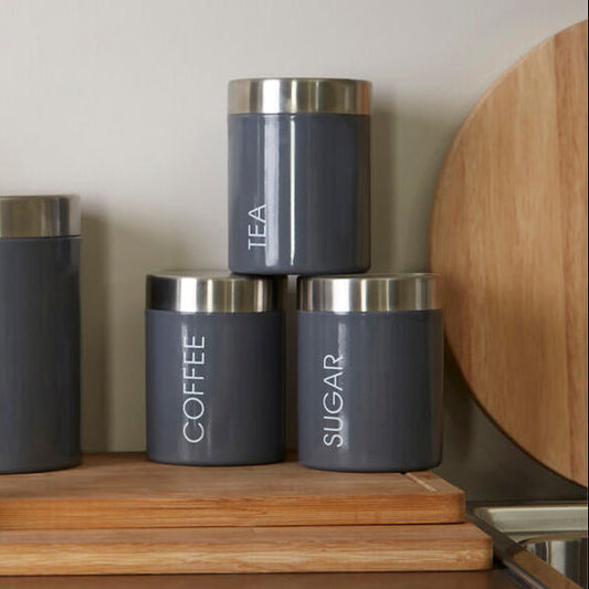Set of 3 Grey Enamel Canisters with Satin Lids