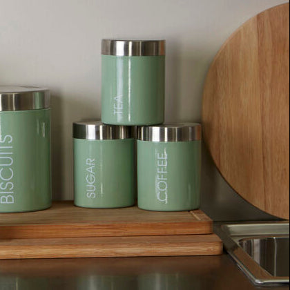 Set of 3 Pistachio Enamel Canisters with Stainless Steel Lids