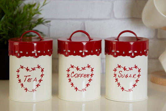Cream and Red Metal Canister Set of 3 with Decorative Detail