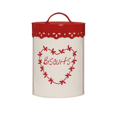 Cream and Red Metal Biscuit Canister with Heart Detail