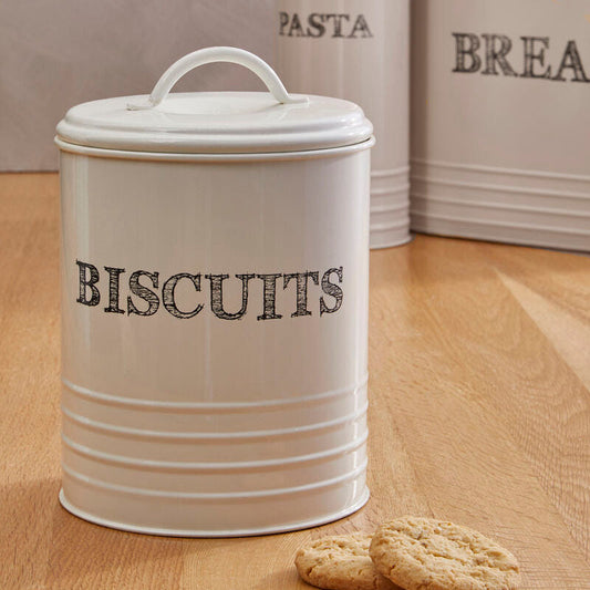 Cream Metal Biscuit Canister with Hand Sketched Lettering