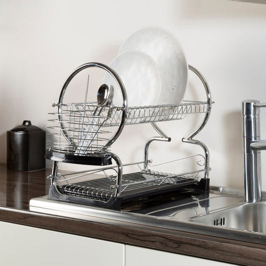 2 Tier Dish Drainer with Black Plastic Tray