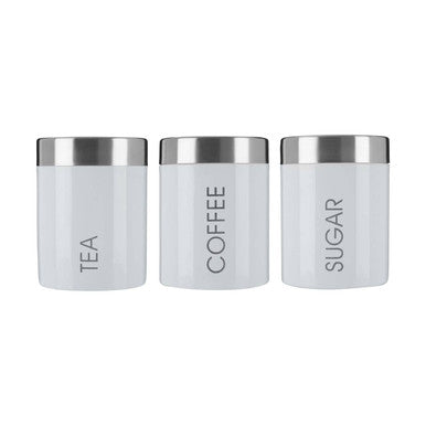 White Enamel Tea Coffee and Sugar Set with Stainless Steel Lids