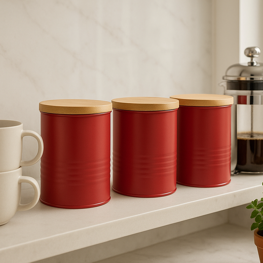 Red Metal Canister Set of 3 with Bamboo Lids