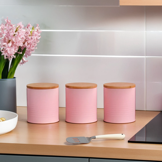 Pink Metal Canister Set of 3 with Bamboo Lids