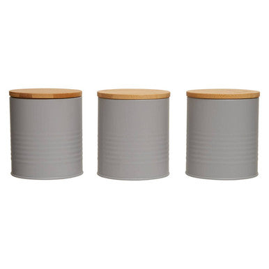 Grey Metal Canister Set of 3 with Bamboo Lids