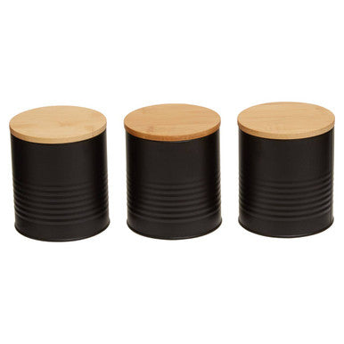 Black Metal Canister Set of 3 with Bamboo Lids