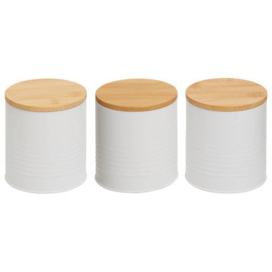 White Metal Canister Set of 3 with Bamboo Lids