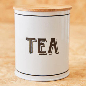 White Metal Tea Canister with Black Lettering