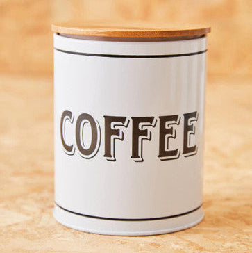 White Metal Coffee Canister with Black Script