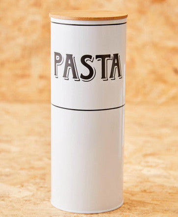 White Metal Pasta Canister with Black Print