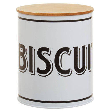White Metal Biscuit Canister with Black Lettering
