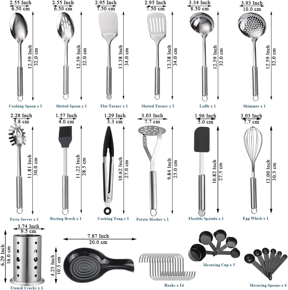 38-Piece Stainless Steel Cooking Utensils Set – Includes Spoons, Spatulas, and Sturdy Utensil Holder, Dishwasher Safe