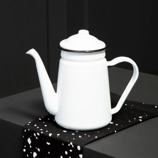 White Enamelled Coffee Pot with Black Rim
