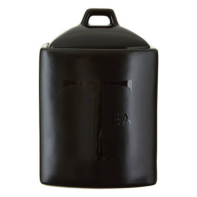 Black Text Stoneware Tea Canister with Etched Label