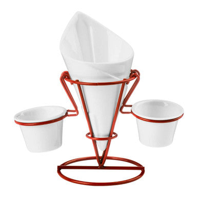 Red Metal French Fry Cone with 2 Dip Dishes