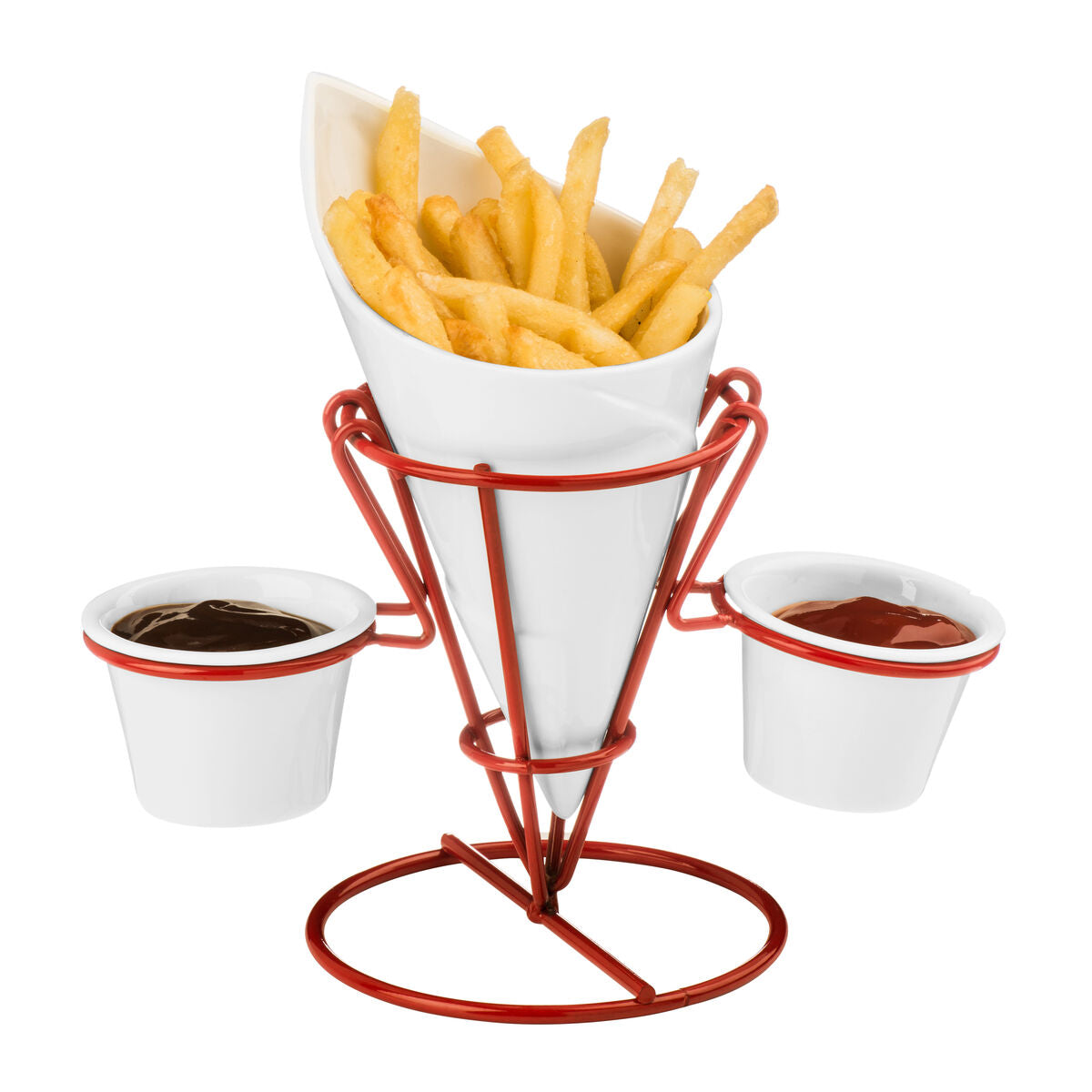 Red Metal French Fry Cone with 2 Dip Dishes