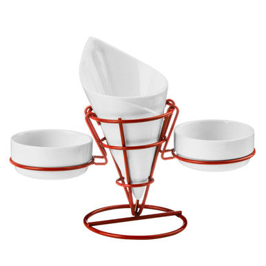 White French Fry Cone with 2 Dip Dishes on Red Stand