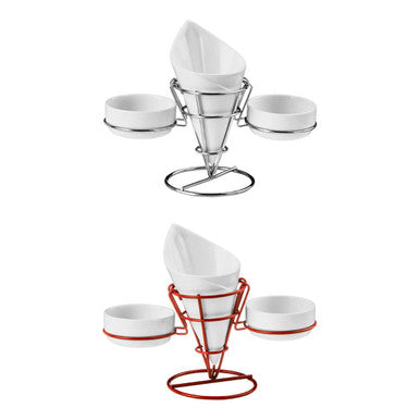White French Fry Cone with 2 Dip Dishes on Red Stand