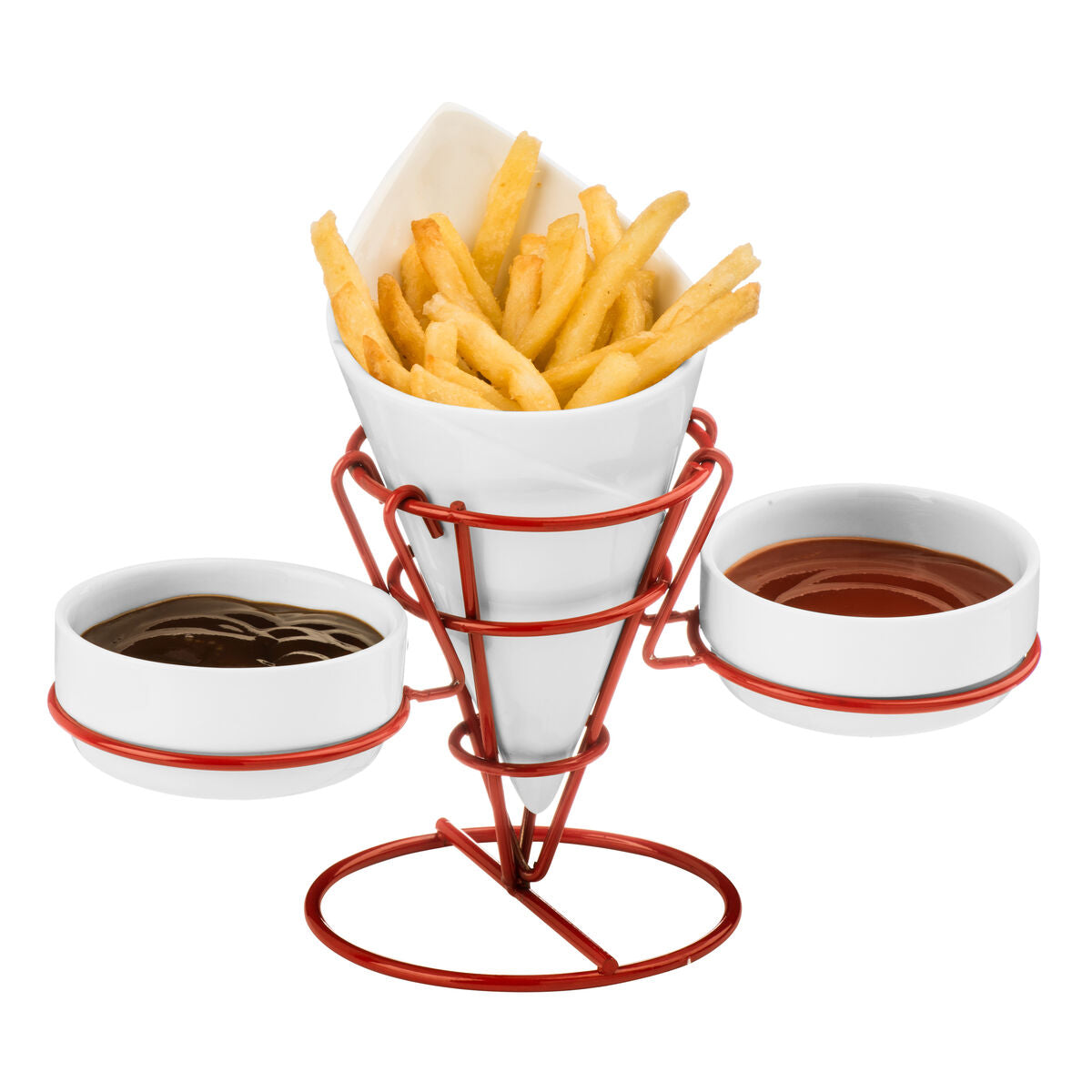 White French Fry Cone with 2 Dip Dishes on Red Stand