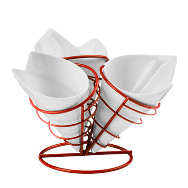 3 French Fry Cones with Red Metal Stand Set
