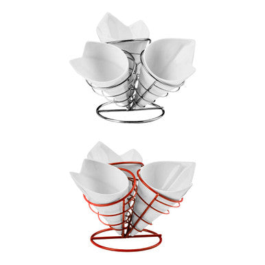 3 French Fry Cones with Red Metal Stand Set