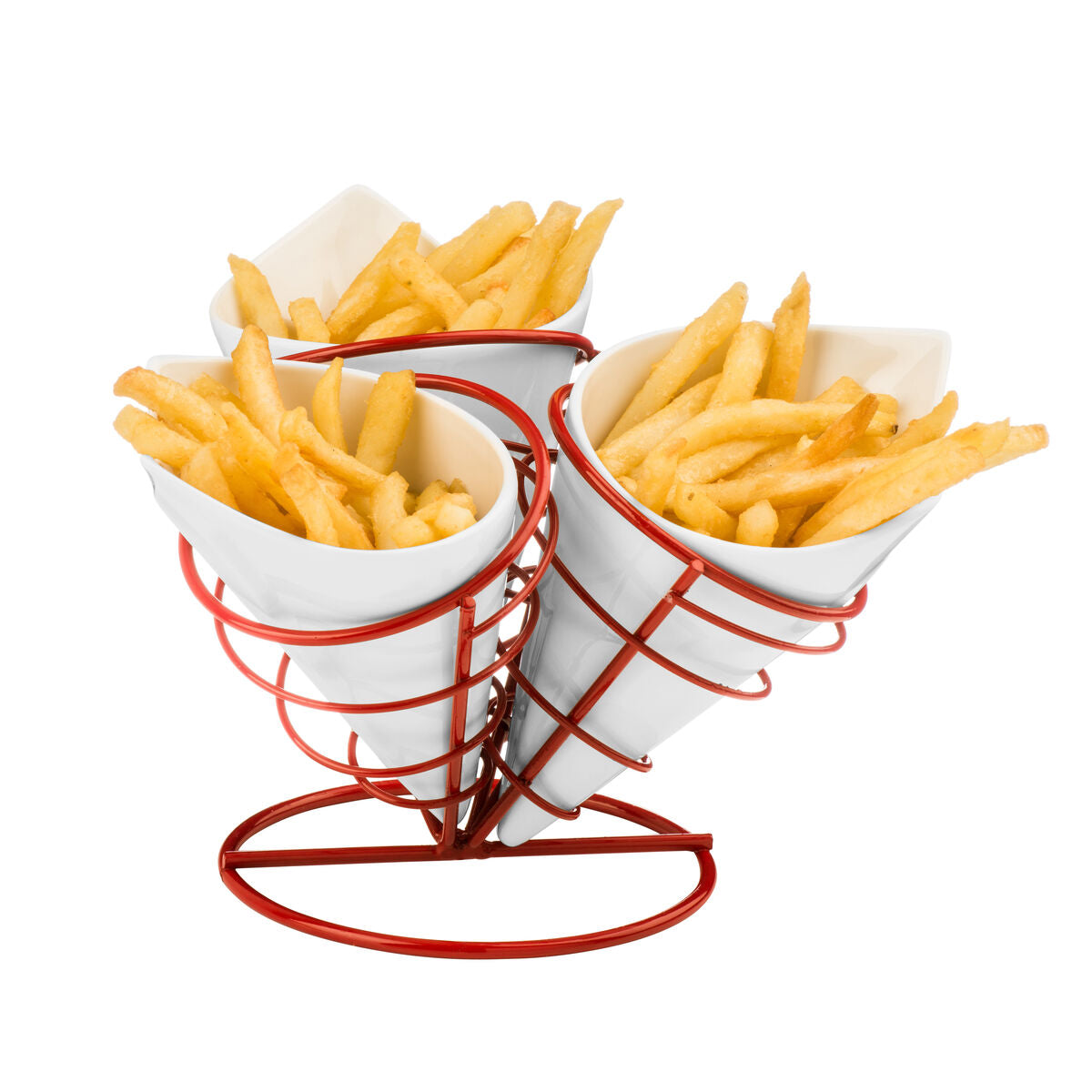 3 French Fry Cones with Red Metal Stand Set