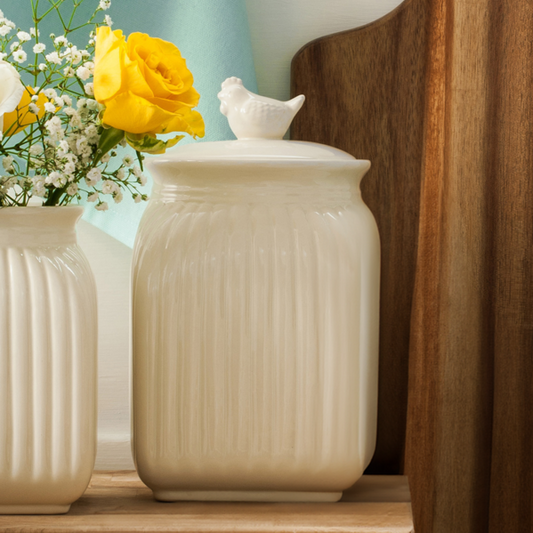 Large Cream Square Canister with Hen Handle Lid