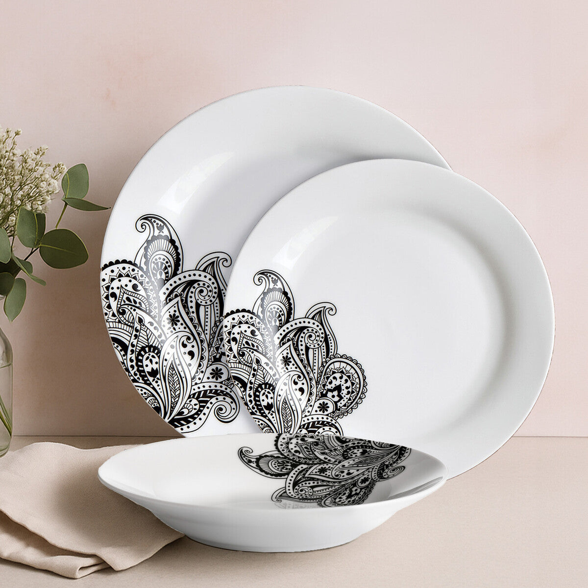 12 Piece Black Heritage Pattern Dinner Set