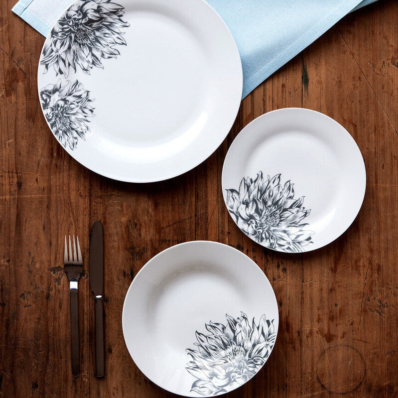 12 Piece Black Floral Dinner Set