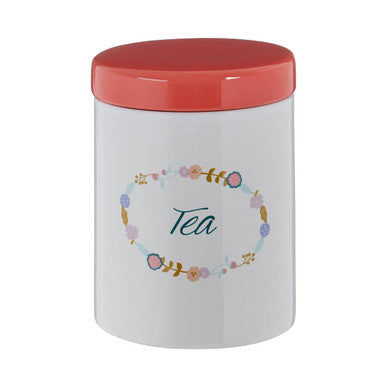 White Ceramic Tea Canister with Floral Pattern and Red Lid