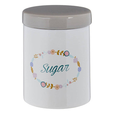 White Ceramic Sugar Canister with Floral Pattern and Grey Lid