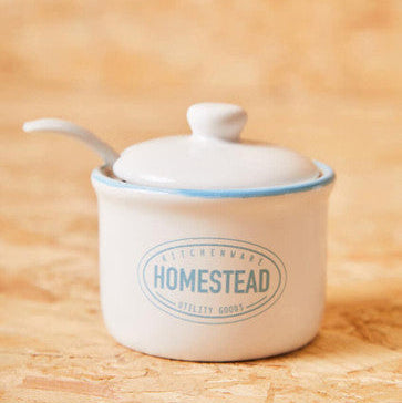 White and Blue Sugar Pot with Lid and Spoon