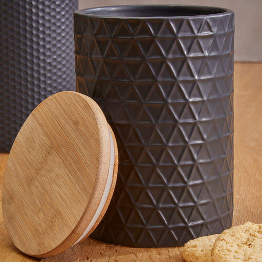 750ml Matte Black Triangle Relief Canister with Bamboo Lid