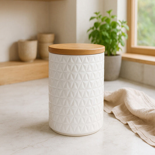 750ml White Triangle Pattern Canister with Bamboo Lid
