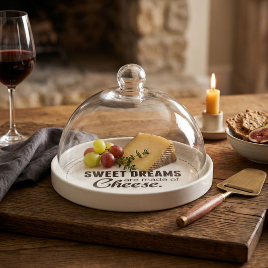 White Cheese Board with Glass Dome and Slogan